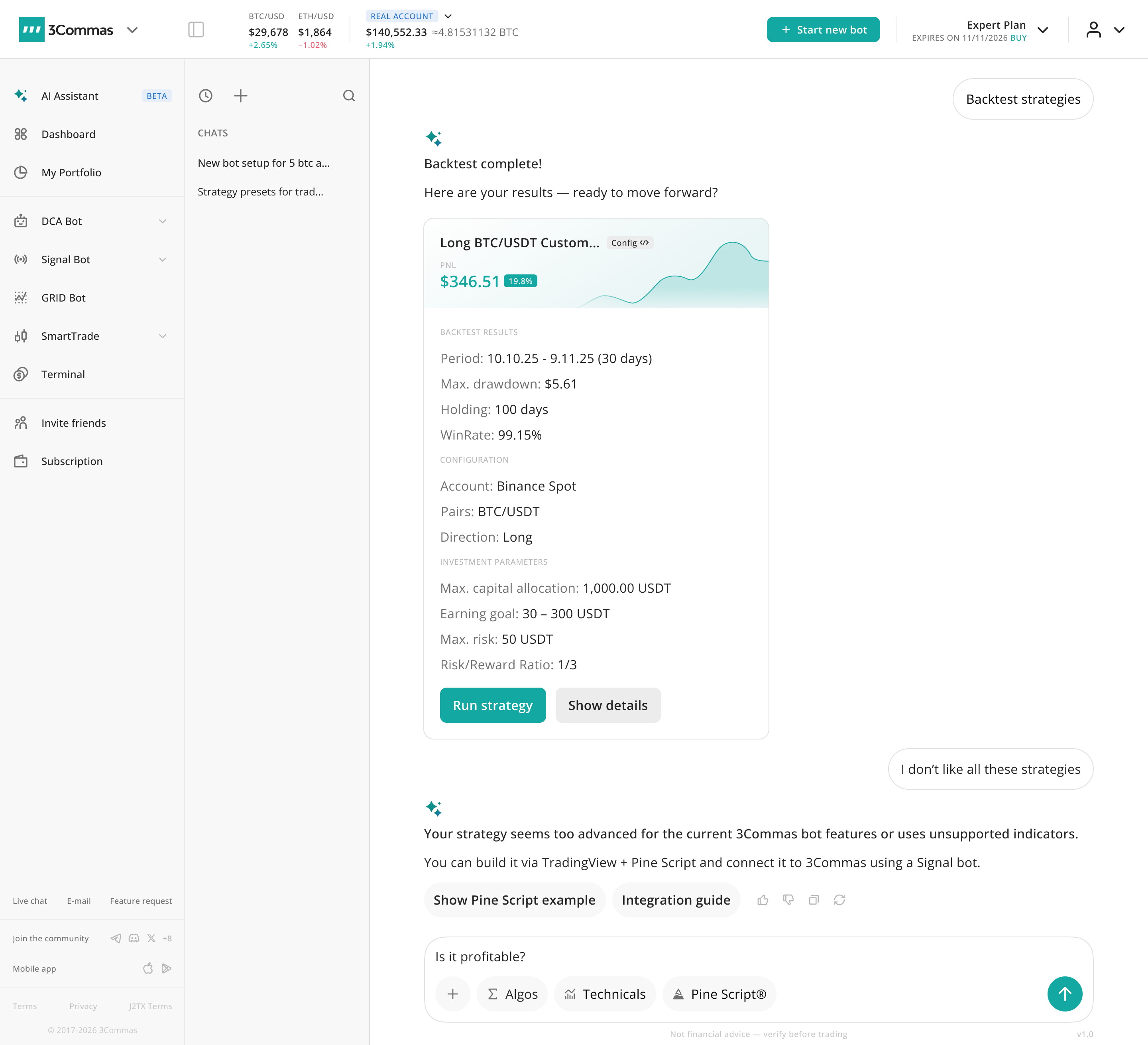 3Commas AI Assistant chat with a backtested strategy card showing PNL and configuration, plus a Pine Script fallback path