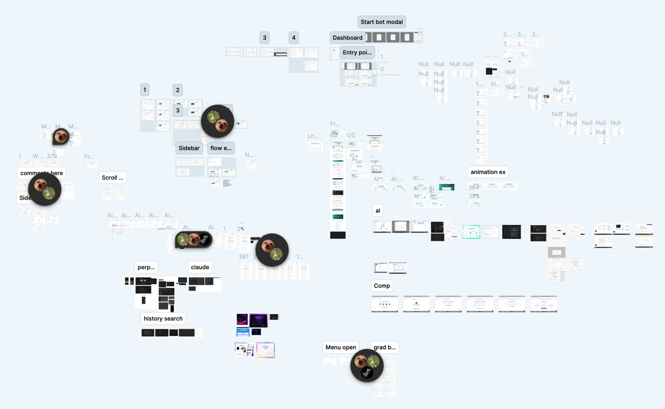 Concept exploration board for the AI assistant: sidebar and chat directions, history, entry points, competitor references, and states
