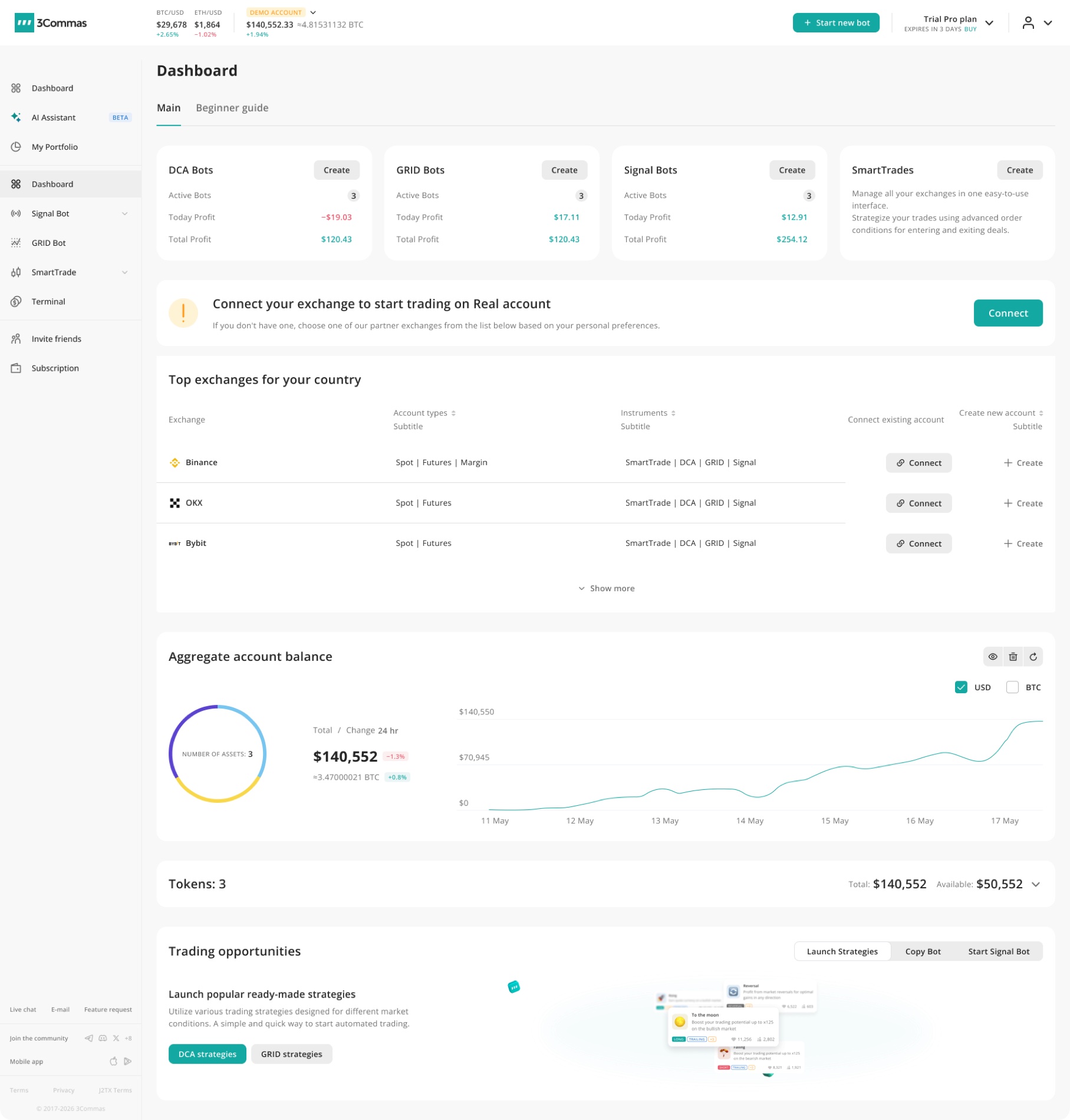 Old 3Commas dashboard: a busy page with bot cards, an exchange banner, an exchanges table, and a balance chart
