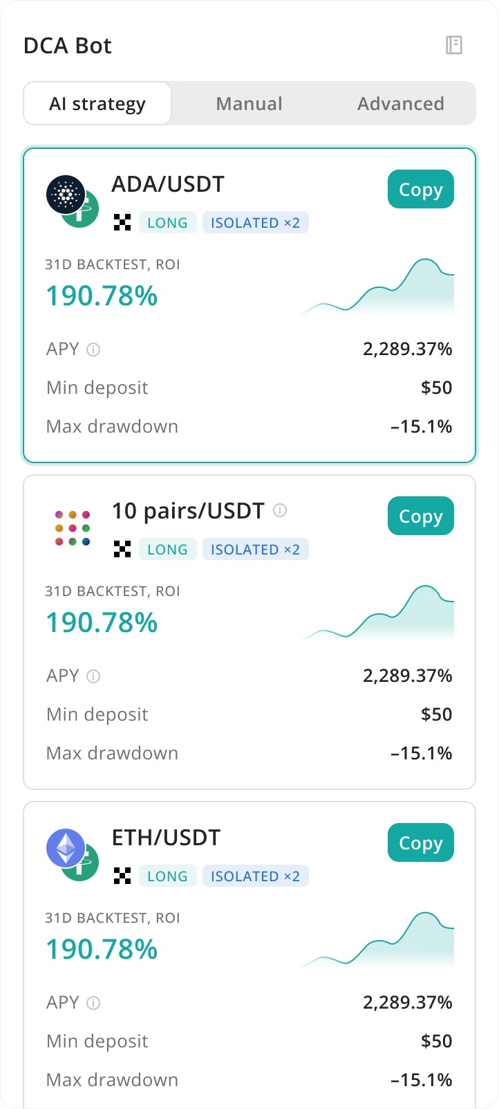 DCA bot on mobile: ready-made strategies with backtest ROI