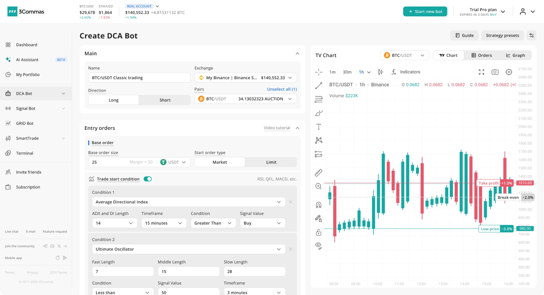Old Create DCA Bot form: a long page of entry orders and trade conditions