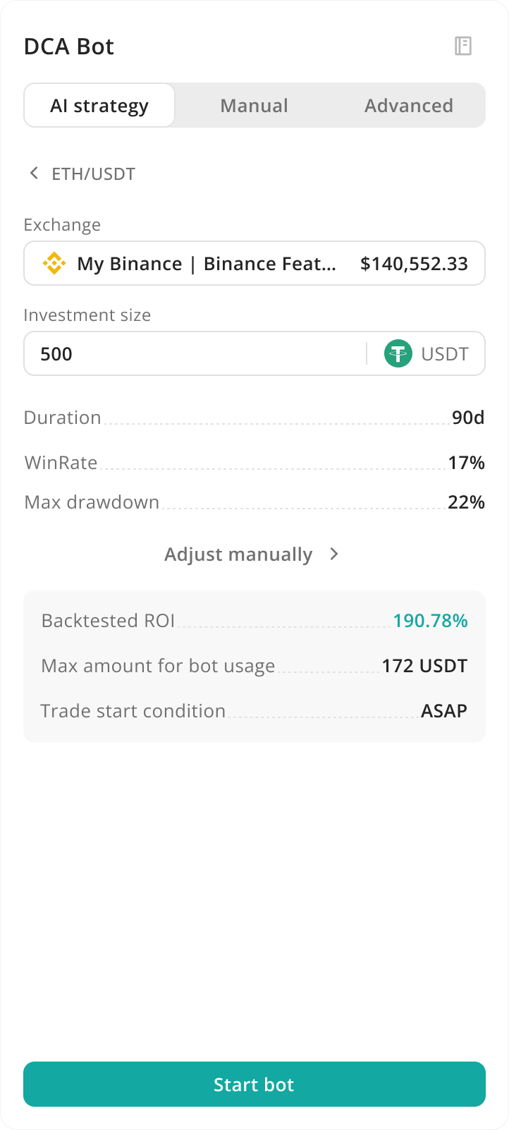 Mobile DCA, setting amount