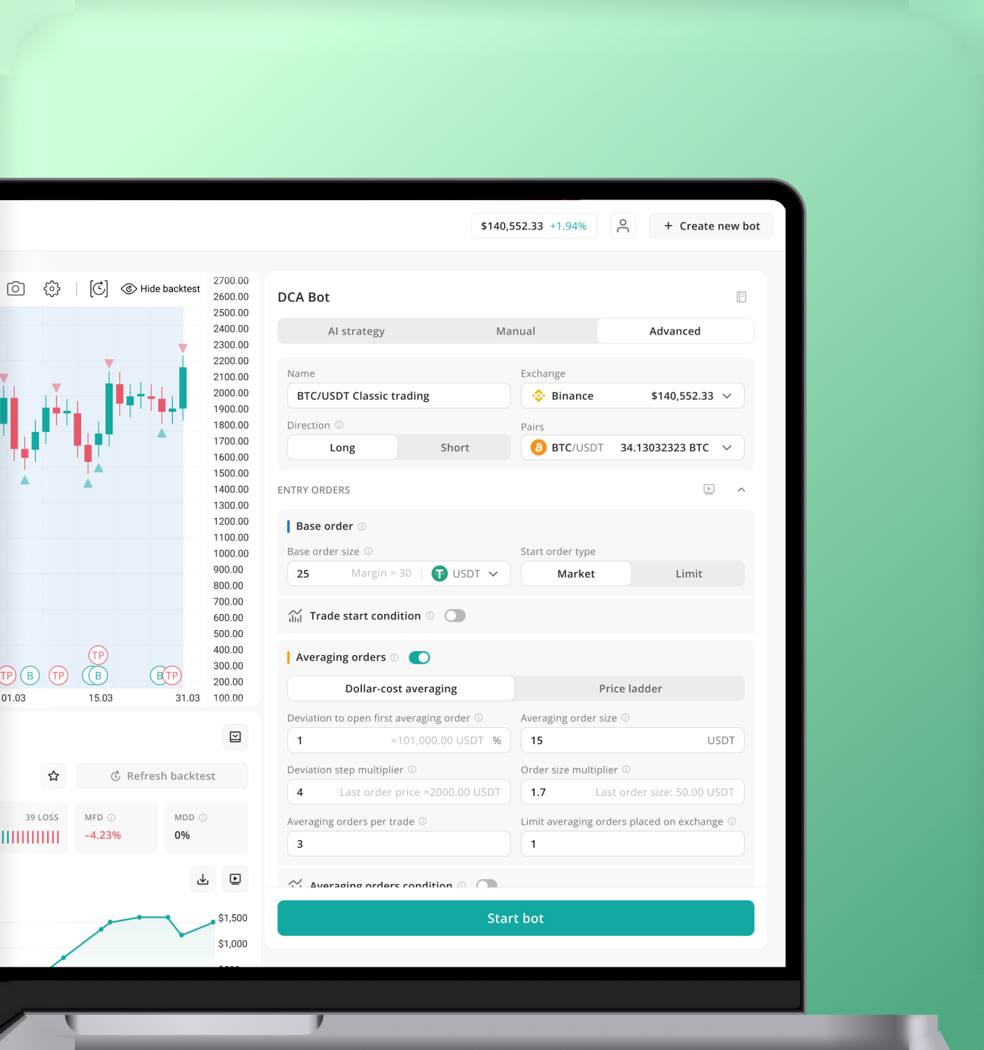 DCA bot builder on a laptop: chart with backtest beside the Advanced configuration form