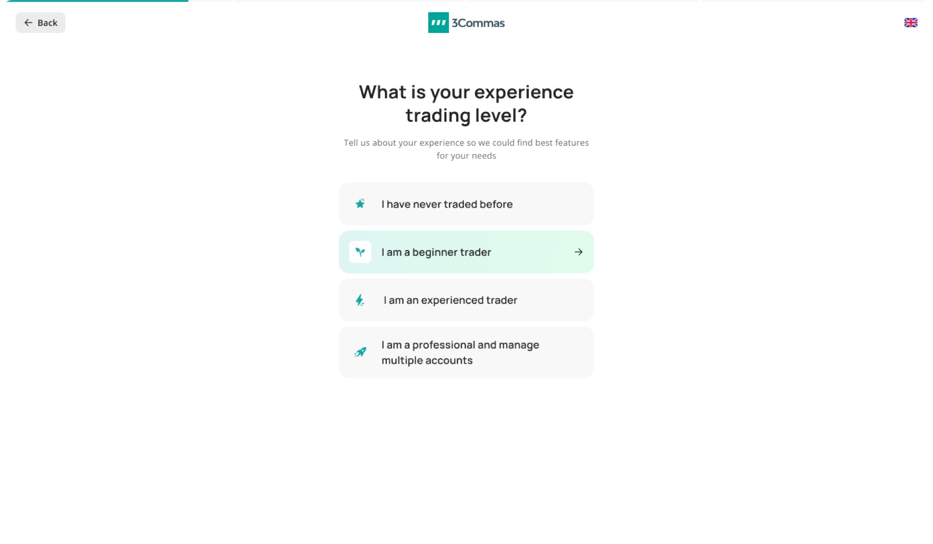 Web onboarding: choose your trading experience level