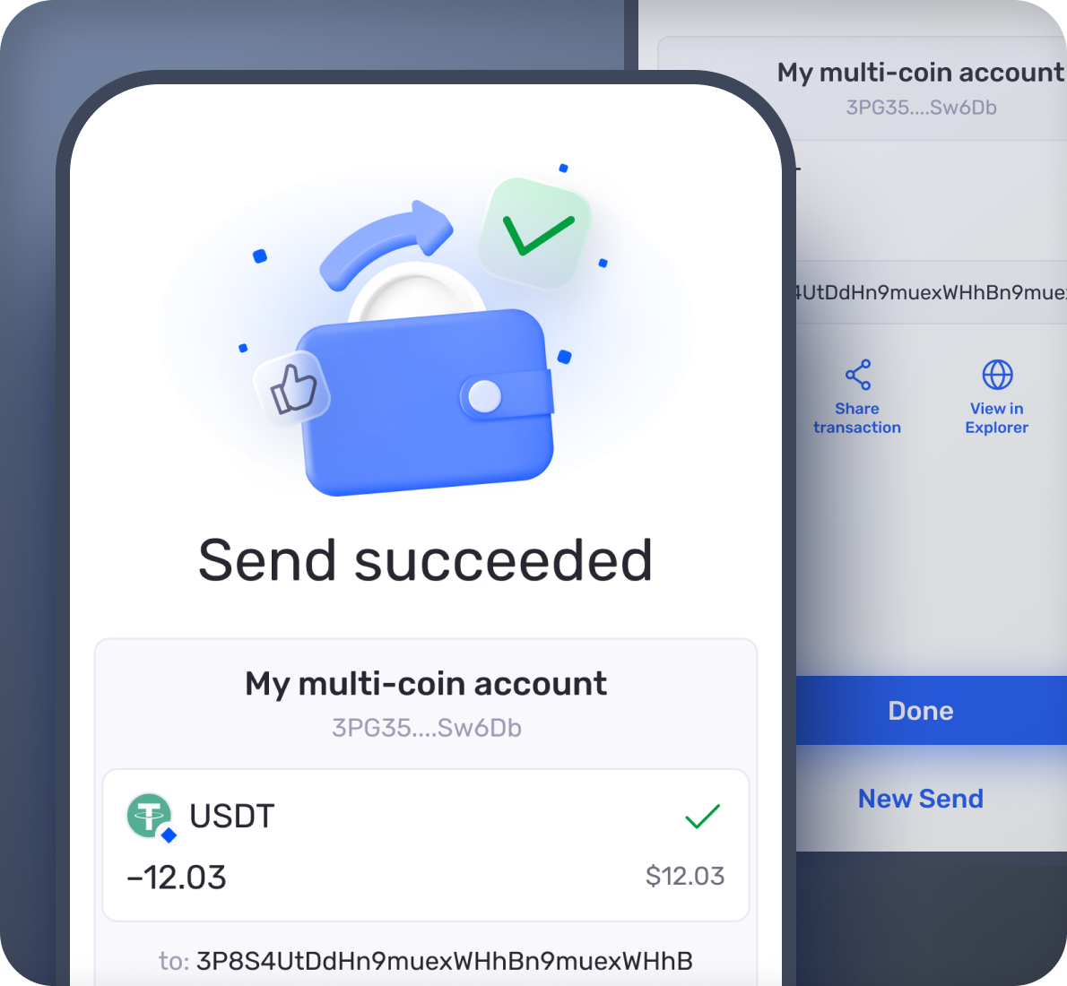 Send succeeded: the result screen with share and explorer actions