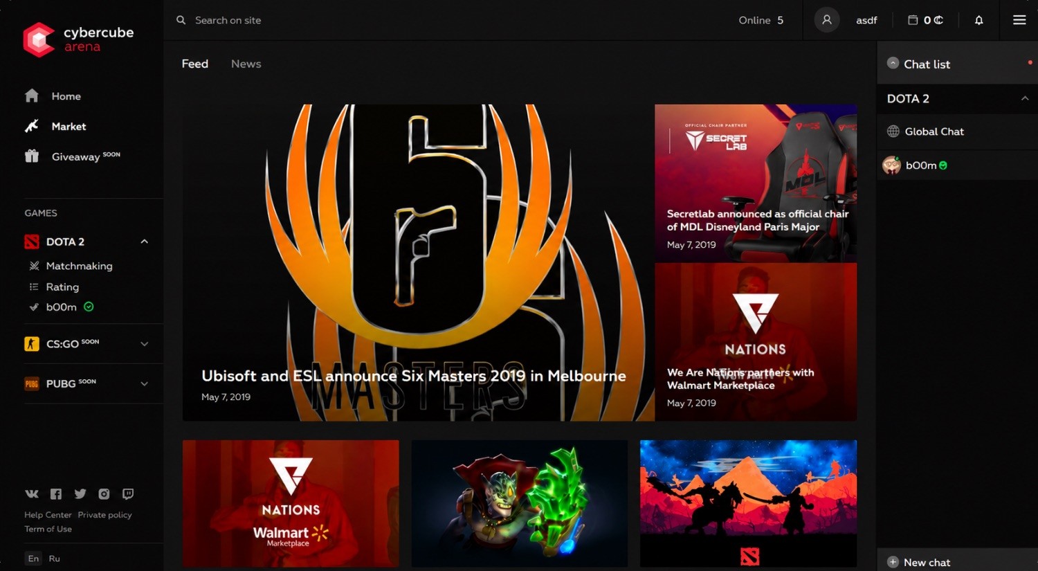 Cybercube Arena in-app esports news feed built from mixed-size cards