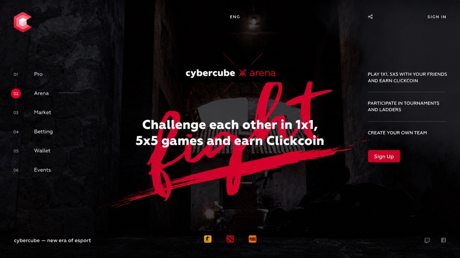 Cybercube Arena landing page inviting players to sign up and compete in 1x1 and 5x5 matches for Clickcoin