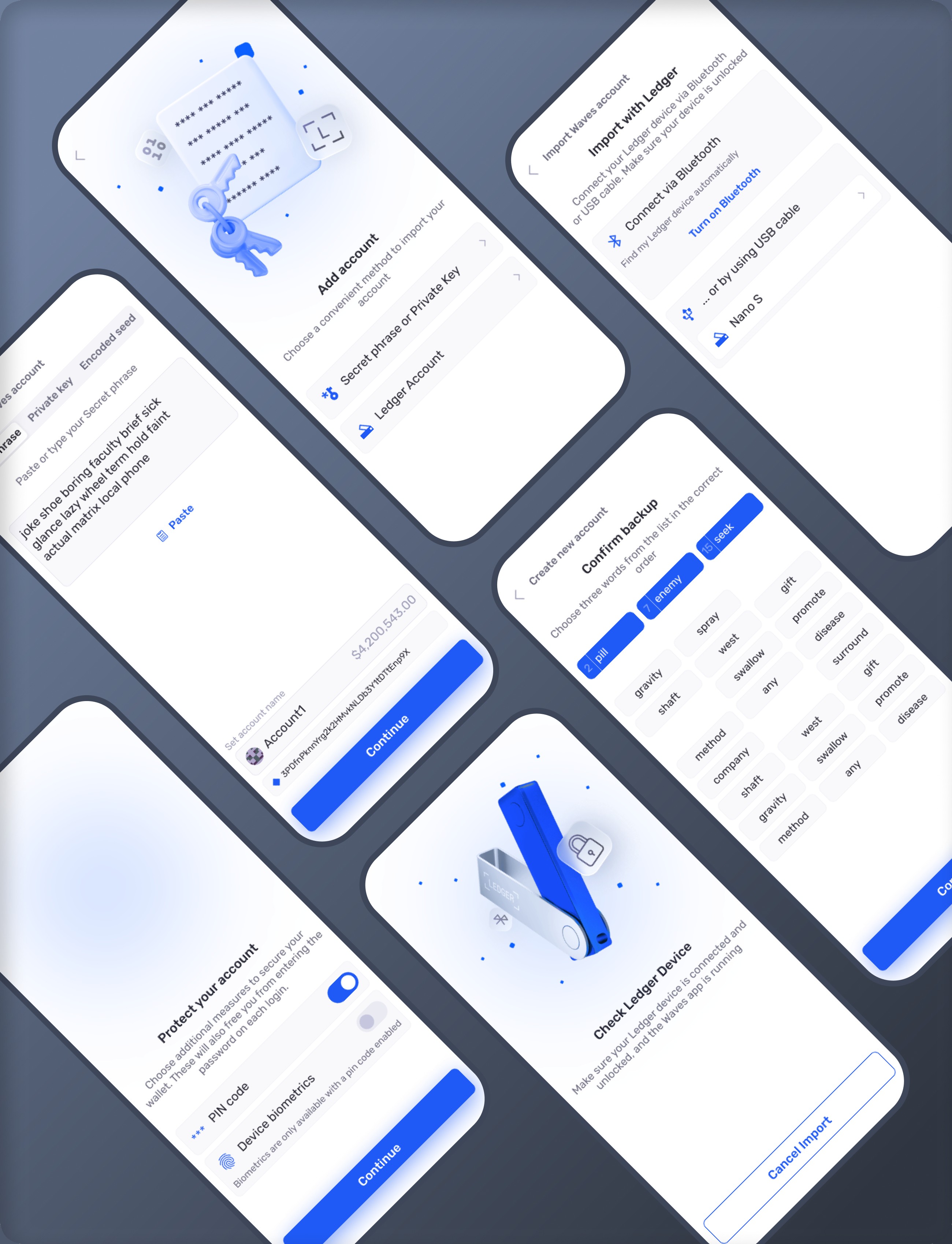 Account setup and import in Keeper: add account, secret phrase, Ledger over Bluetooth or USB, backup check, and protection with PIN or biometrics