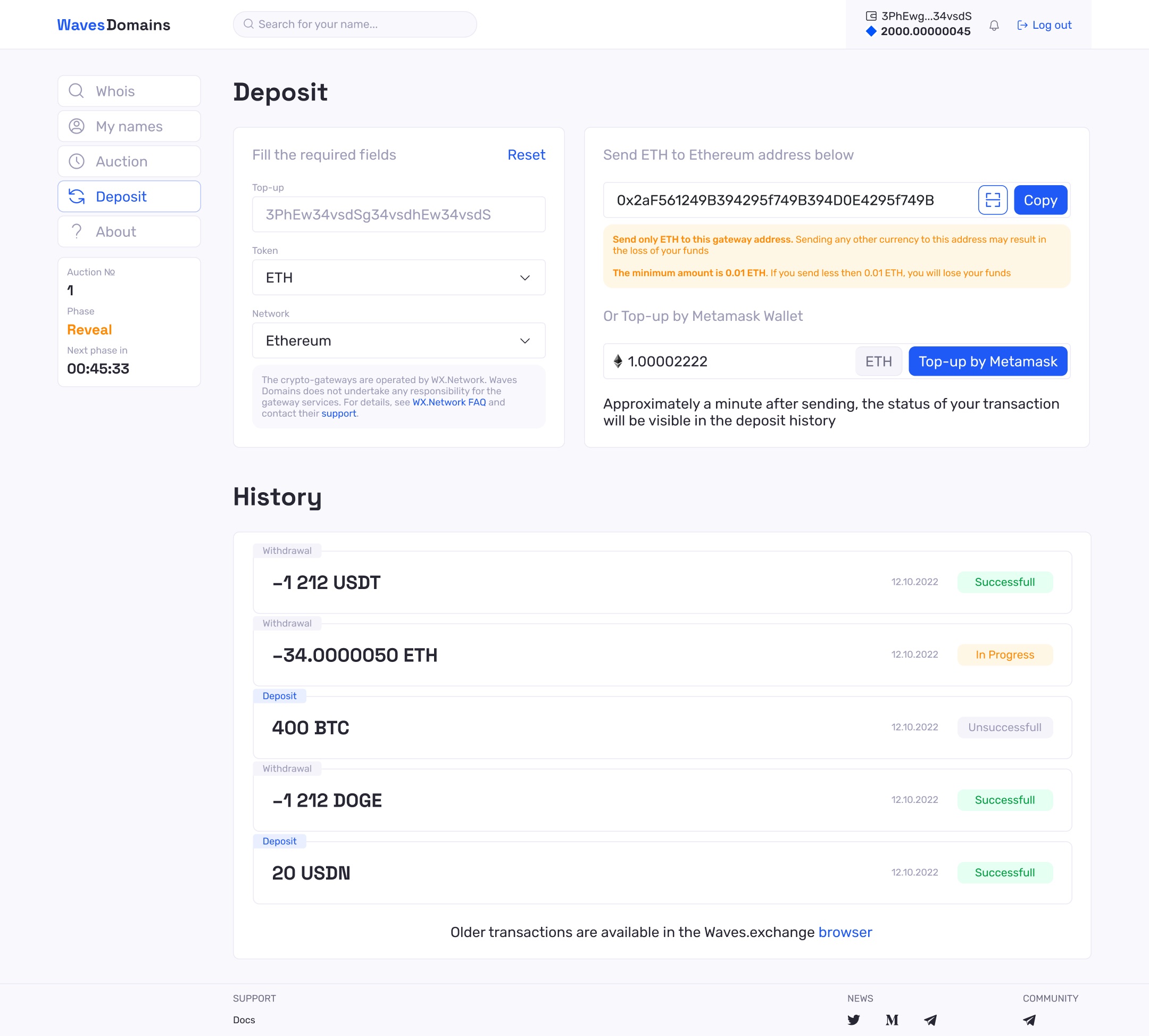 Waves Domains deposit screen with a gateway address, top-up options, and a transaction history