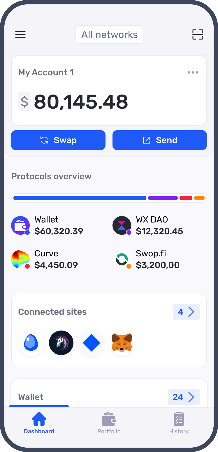 Keeper wallet home: account balance, swap and send, and a protocols overview