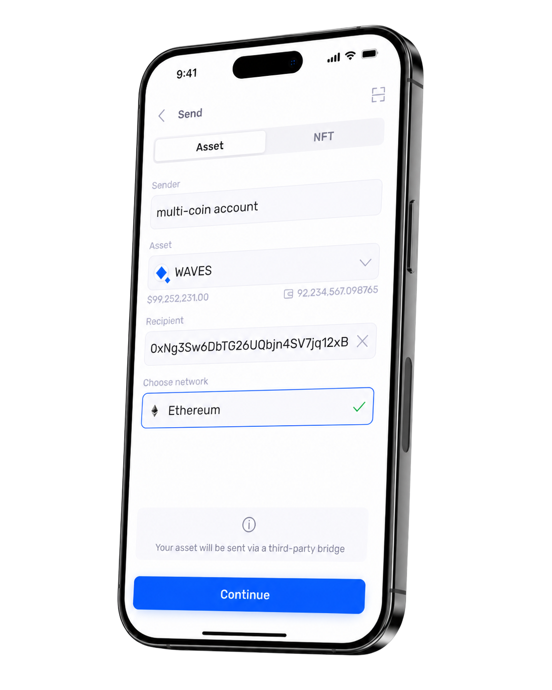 Keeper Send screen on mobile: choose asset, recipient, and network