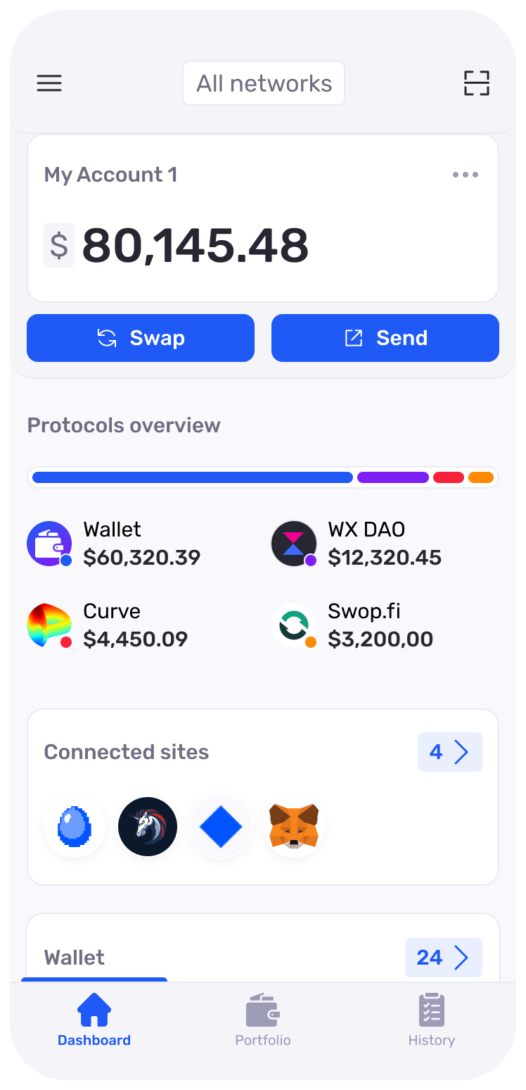 Keeper mobile dashboard: account balance, swap and send, protocols overview, and connected sites
