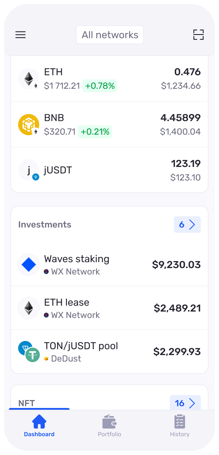 Keeper mobile token list with balances and investments: staking, lease, and a liquidity pool