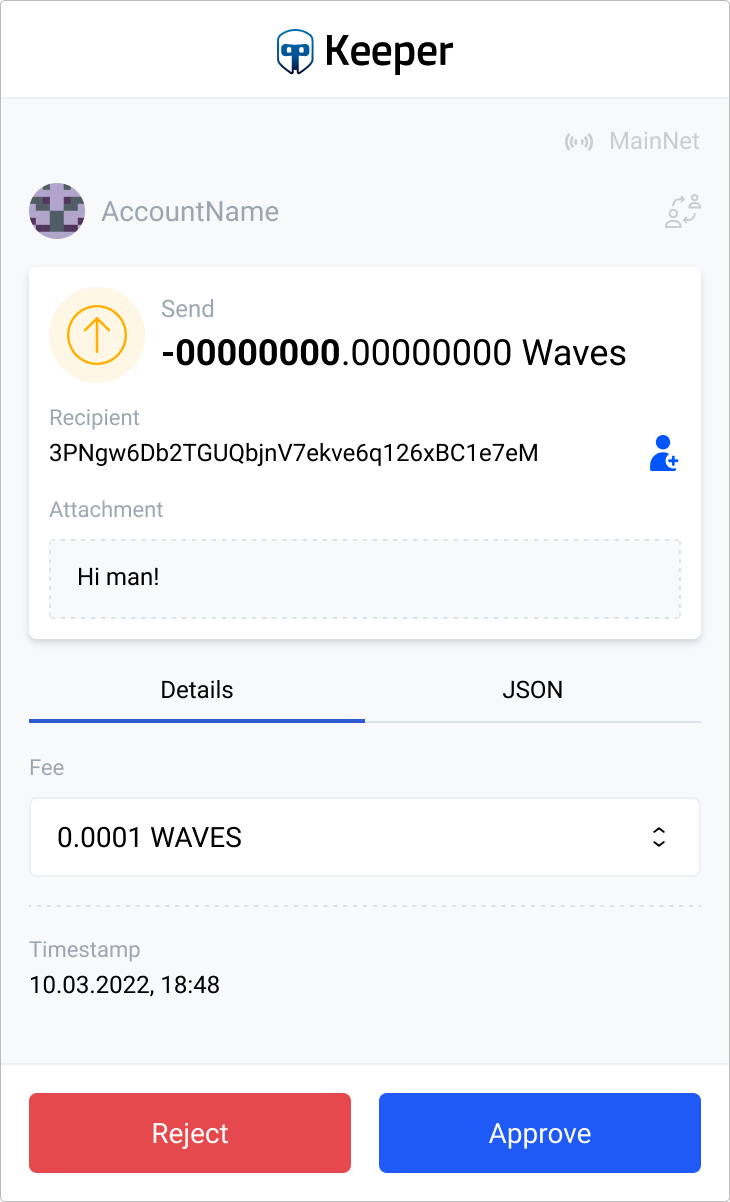 Old Keeper transaction screen with an unclear amount and Reject and Approve buttons