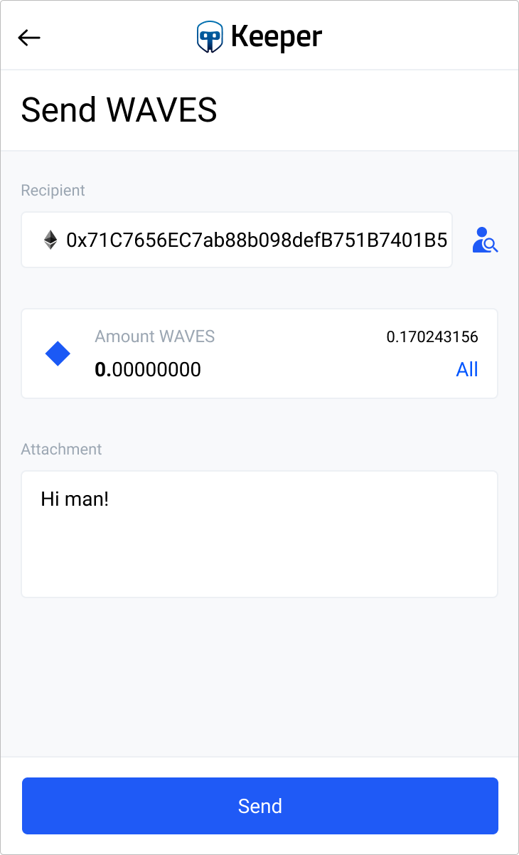 Old Send WAVES screen where the hierarchy of amount, recipient, and attachment is unclear