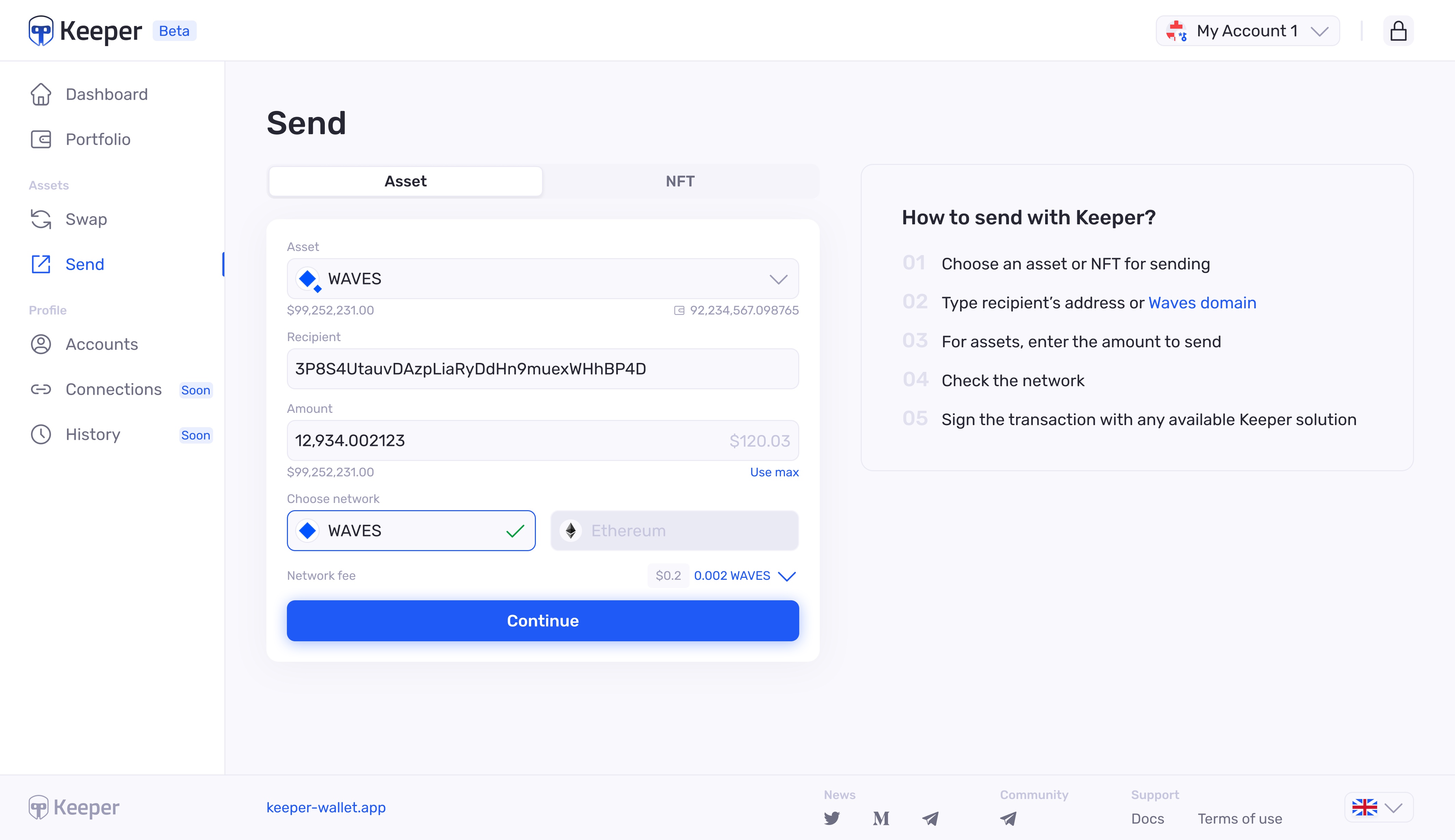Keeper web Send screen with asset, recipient, amount, network, and a how-to-send guide