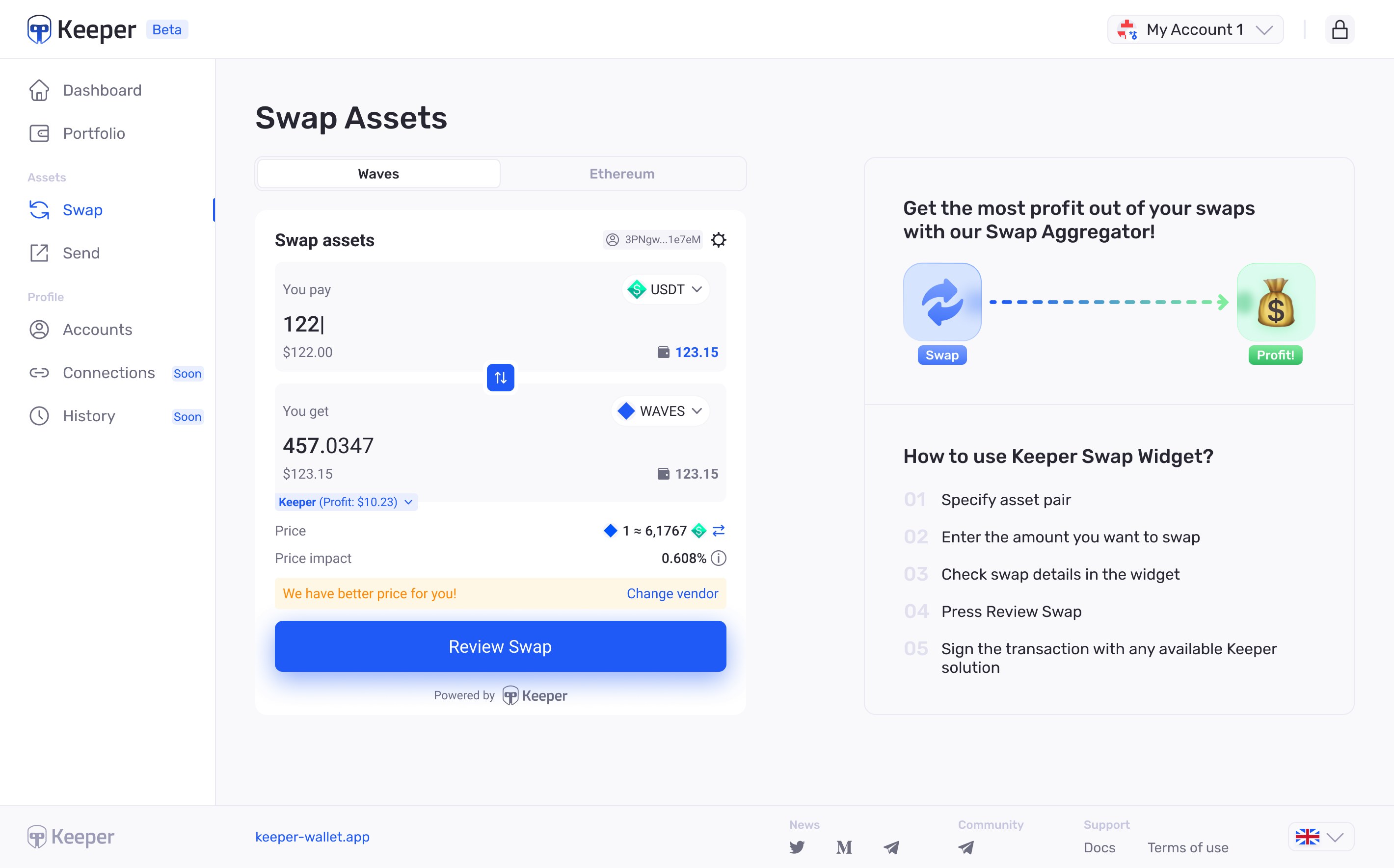 Keeper web swap screen with rate, price impact, and inline guidance beside the form