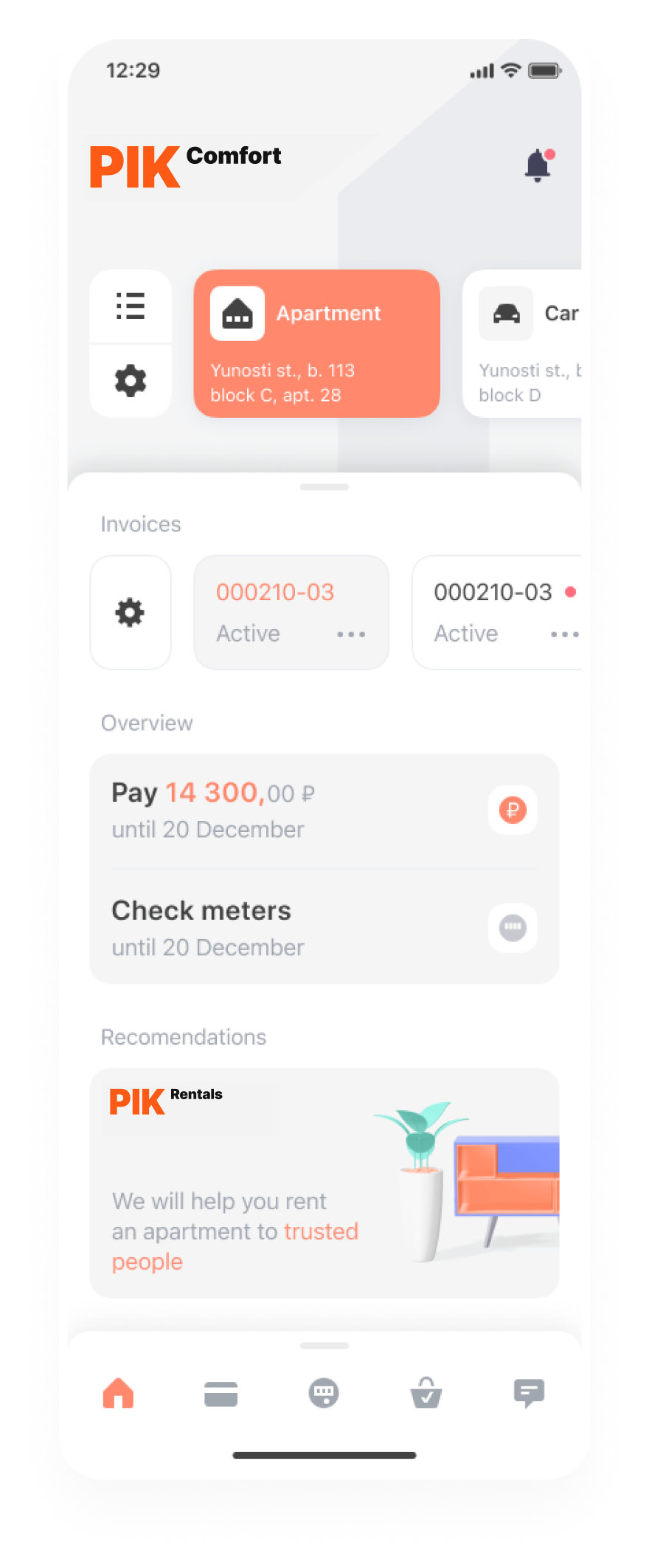 PIK Comfort home dashboard: invoices, payments, meters, and recommendations