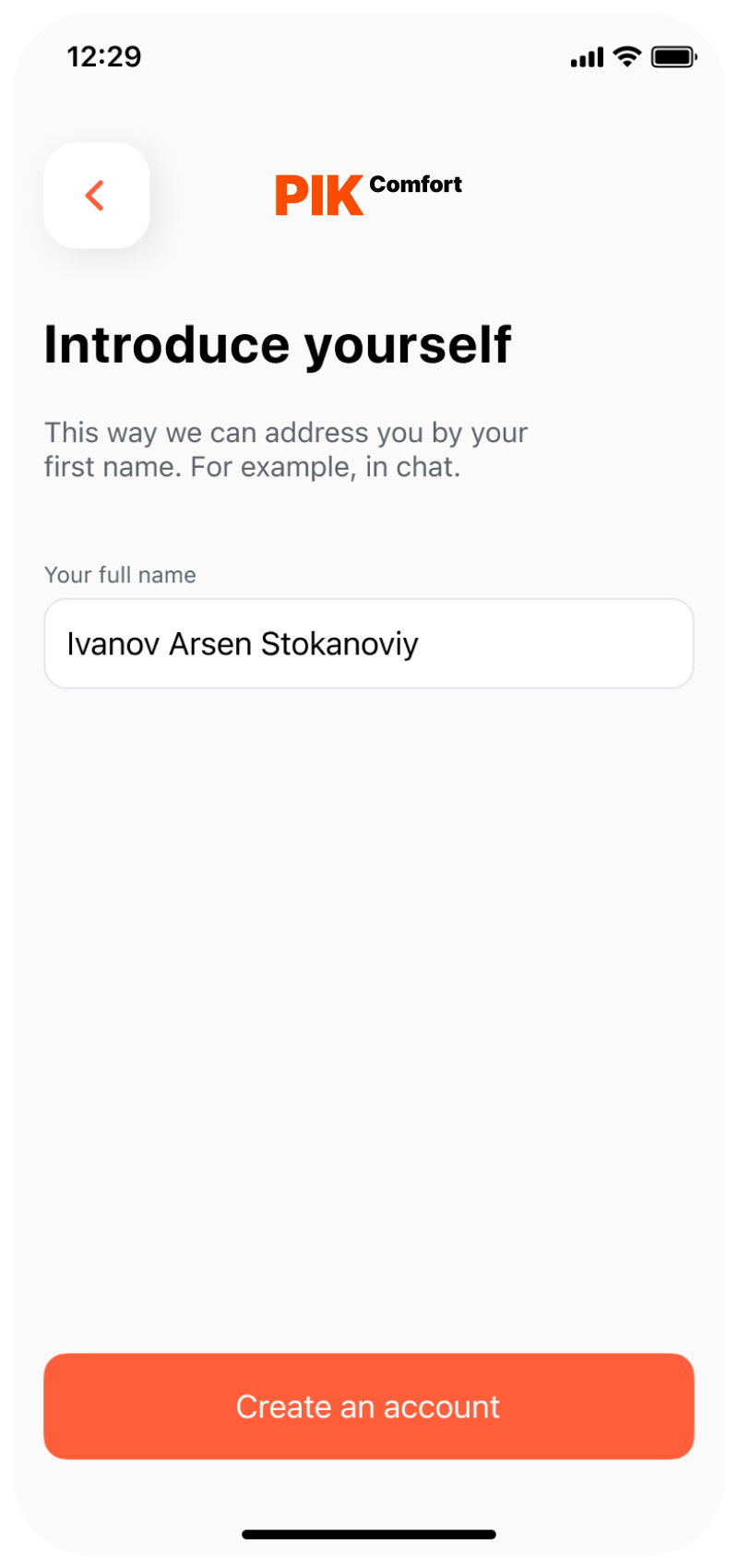 Onboarding: a new resident enters their full name