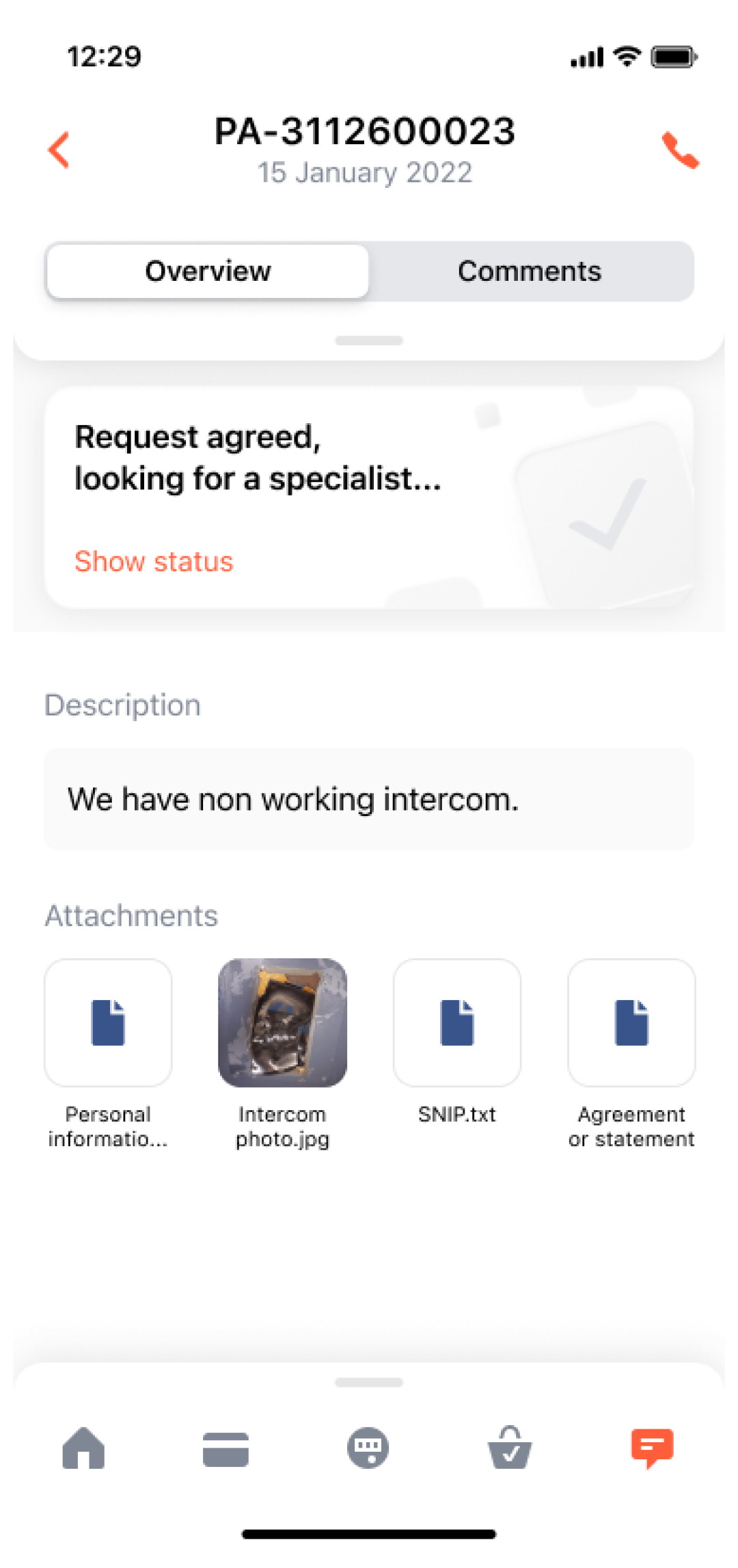 Request detail with status, description, and attached documents