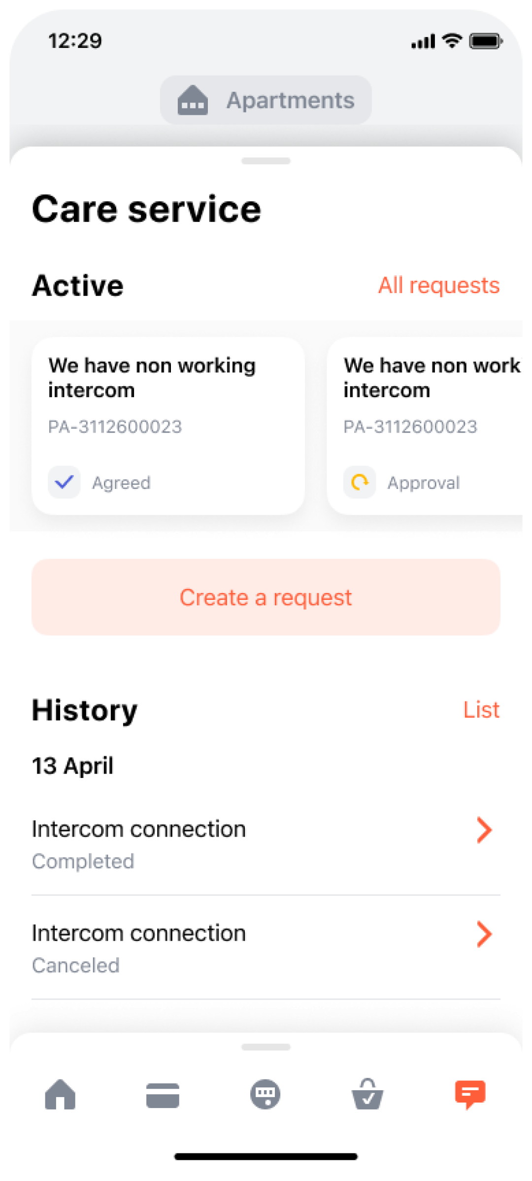 New Care service: active requests by status, one action to create a request, and the history